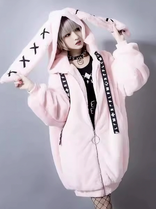 Crossed Bunny Ear Hooded Coat - Adorable Pink Jirai Kei Plush Jacket for a Sweet Yet Edgy Look