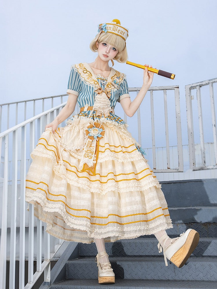 Embroidered Collar Sailor Top and Layered Skirt Set - Twin Bear Original Design
