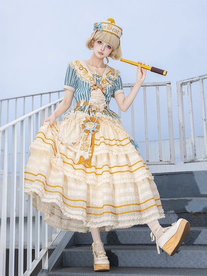 Embroidered Collar Sailor Top and Layered Skirt Set - Twin Bear Original Design