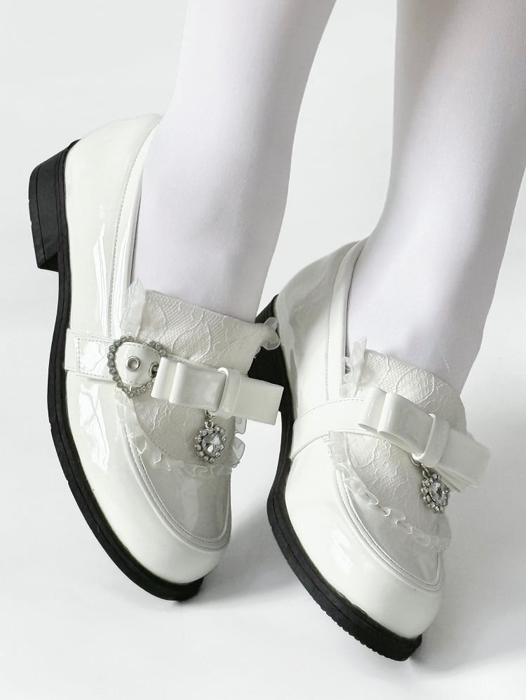 Details Polished Accent White Rhinestone Bow Low-heel PU Heart