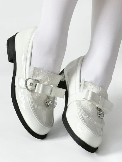 Details Polished Accent White Rhinestone Bow Low-heel PU Heart
