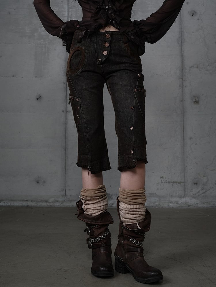 Capris Asymmetrical Denim with Punk Star Distressed Black Vintage Wasteland Pockets Studs