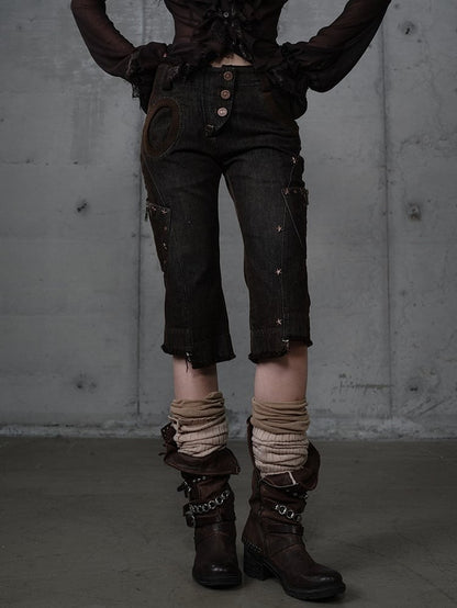 Capris Asymmetrical Denim with Punk Star Distressed Black Vintage Wasteland Pockets Studs