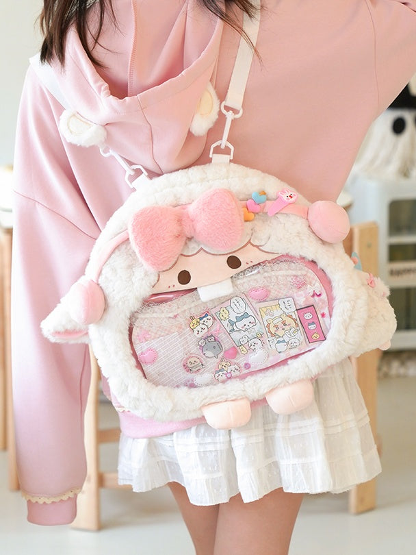 Weißer und rosa süßer Lamm-Plüsch-Ita-Taschen-Rucksack mit Schleife