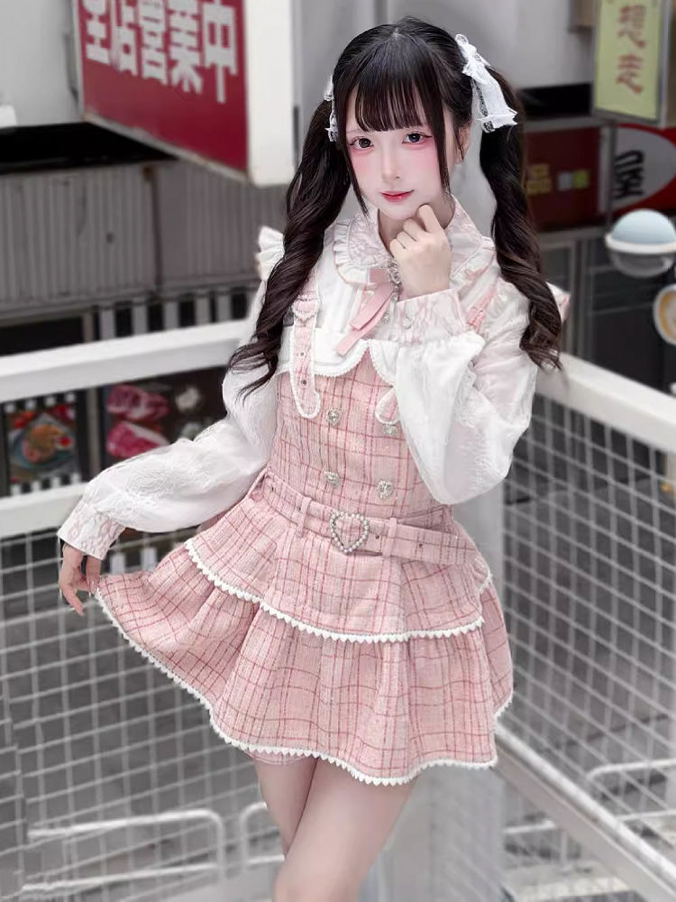 Jacquard with in Jirai Kei Flutter Sleeve Blouse Regular/Fleece-Lined Lace Version Pink White