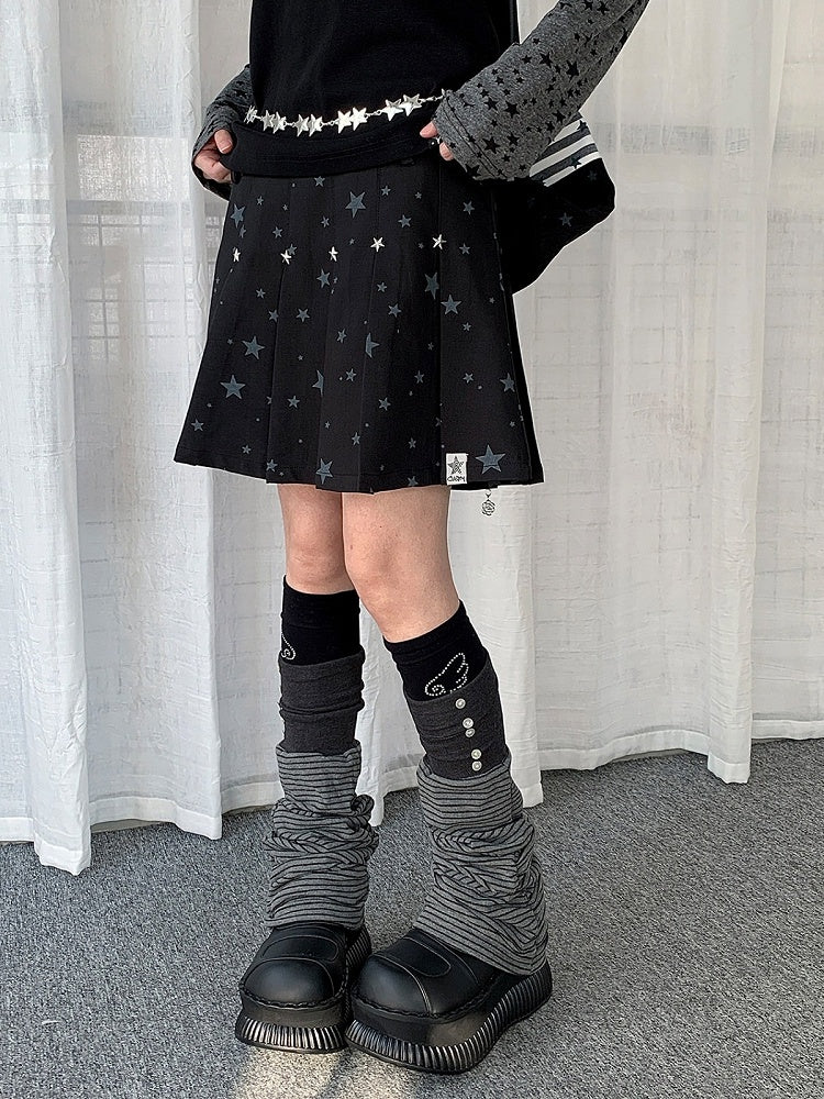 Gray/Black Y2K Pleated Skirt with Star Pattern - Solkatt