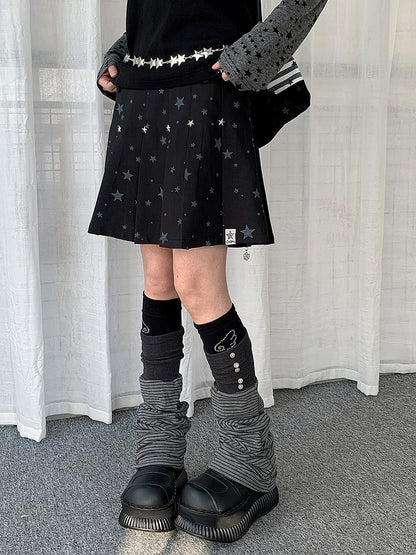 Gray/Black Y2K Pleated Skirt with Star Pattern - Solkatt