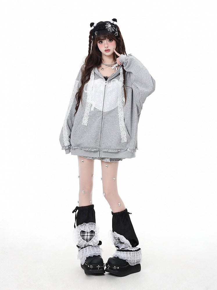 Light Gray Lace Applique Ruffled Trim Zip Closure Hoodie