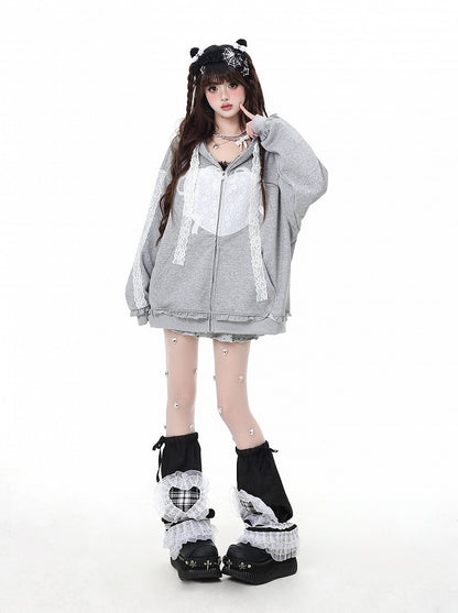 Light Gray Lace Applique Ruffled Trim Zip Closure Hoodie
