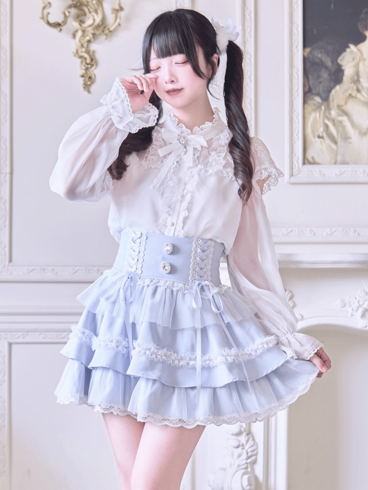Rhinestone Embellishments Blue Jirai Kei Light Tiered Skirt with Lace-up High Waist