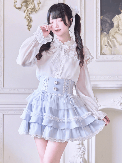 Rhinestone Embellishments Blue Jirai Kei Light Tiered Skirt with Lace-up High Waist