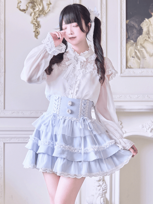 Rhinestone Embellishments Blue Jirai Kei Light Tiered Skirt with Lace-up High Waist