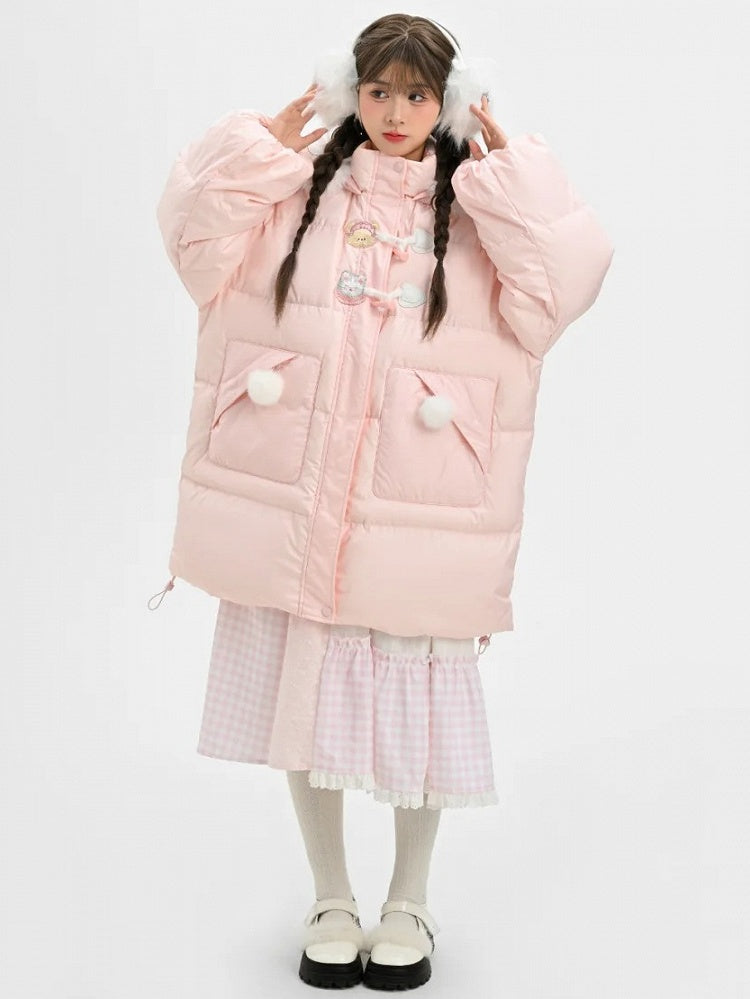 Rosa Daunenmantel mit Kapuze und Plüschbesatz mit süßem Bären und Kätzchen