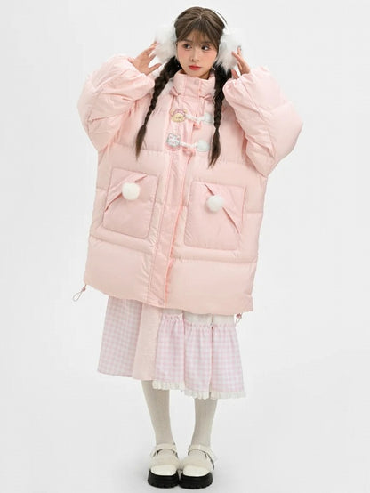 Rosa Daunenmantel mit Kapuze und Plüschbesatz mit süßem Bären und Kätzchen