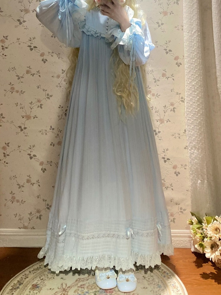 Lace Trim Long Sleeve OP Dress with Ruffles, Blue Lolita Style - Hua Xia Miao