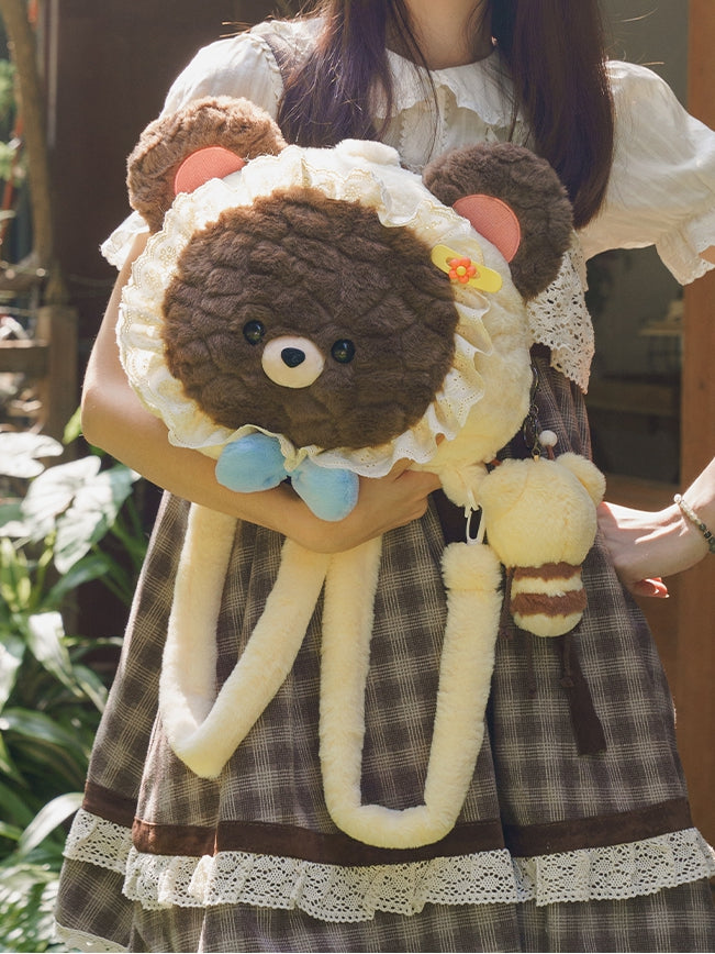 Backpack Bear-shaped Plush Lace BrownBeige Trim