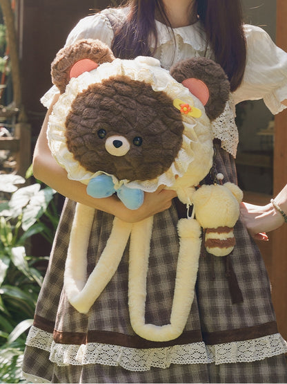 Backpack Bear-shaped Plush Lace BrownBeige Trim