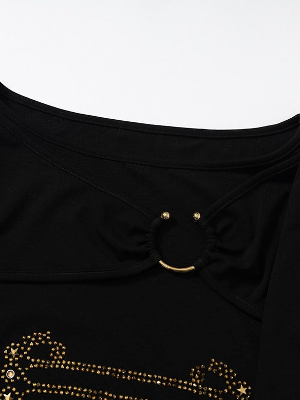 Black Knit Short-Sleeve Top with Rhinestone Design - NO ROMANCE