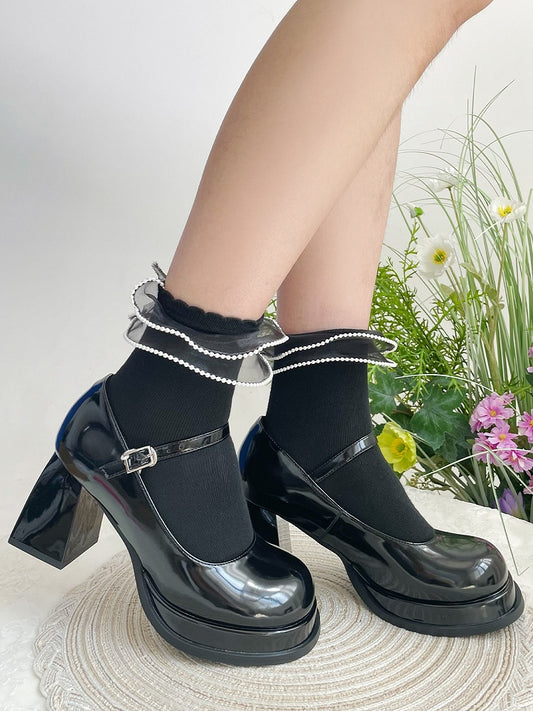 ブラックの二重オーガンザトリムロリータアンクルソックス