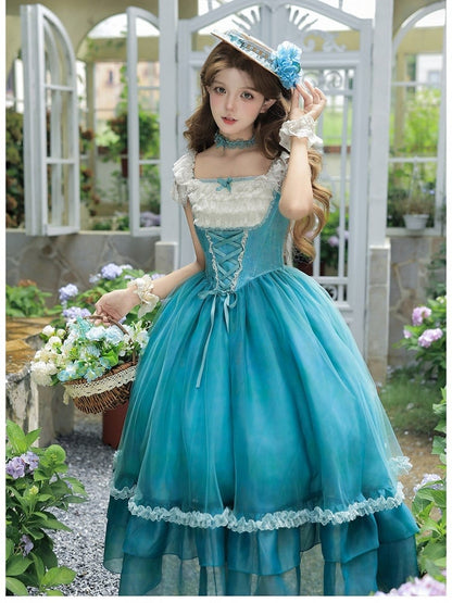 Teal Flutter-Sleeve JSK Dress with Lace-Up Back and Tiered Skirt - With PUJI