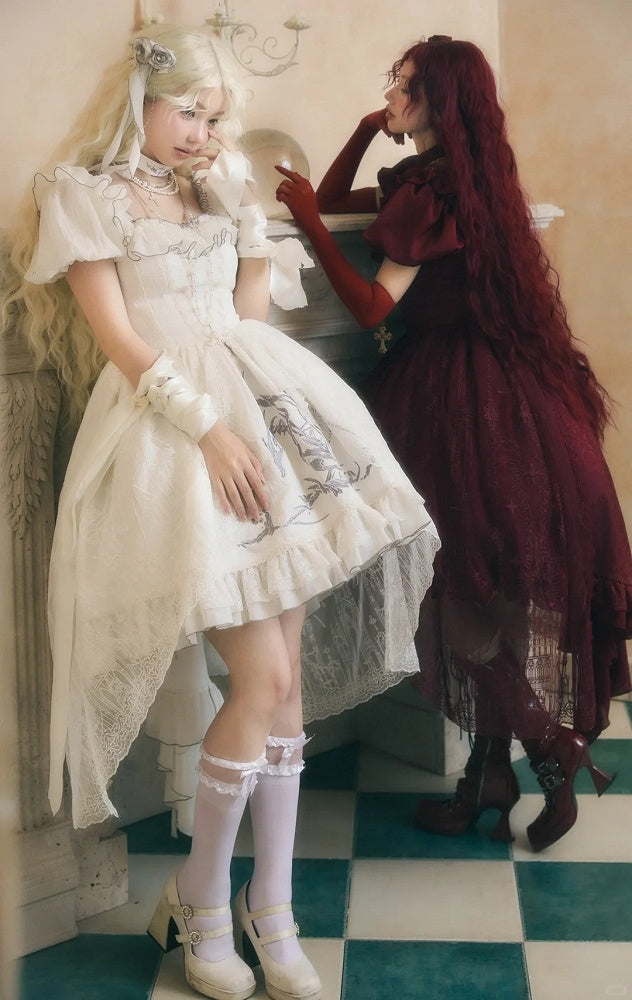 White Shiro Dragon Bone Embroidery High-low Skirt Dress Gothic Lolita OP with Cathedral Embroidery Overlay