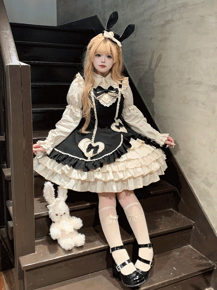 Beige Lace JSK Embellished Heart Sweet and Dress Black Ruffles with Bow Lolita Patch