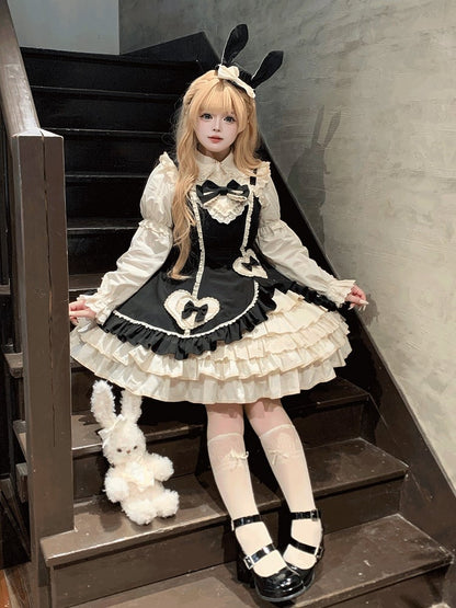 Beige Lace JSK Embellished Heart Sweet and Dress Black Ruffles with Bow Lolita Patch