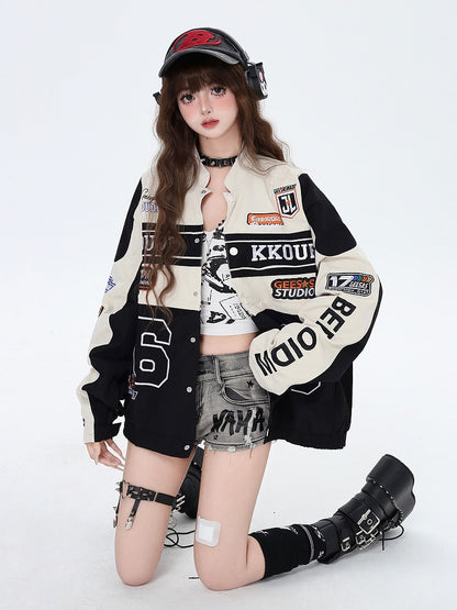 Fleece and Apricot Jacket Black Letters Embroidery Baseball with Colorblock Detachable