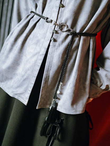 Waist Belt Tassel Detachable Black Gothic Cheongsam Woven Clasp Dragon with PU