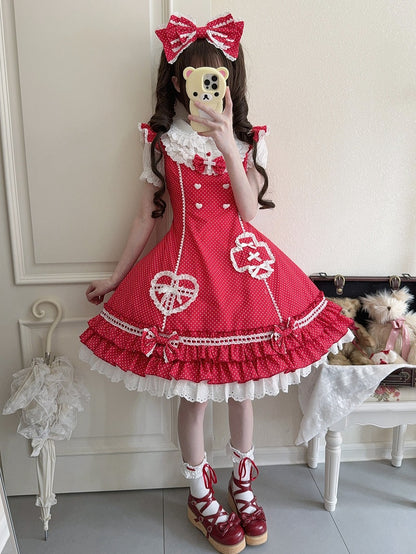 Rüschenmuster Saum Lagenkleid Polka-dot Lolita Red Nurse