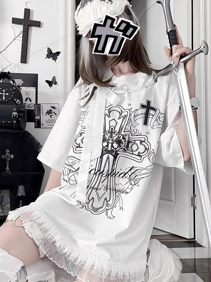 Black Bow Cotton PrintRibbon Cross T-Shirtwith Gothic White Neckline