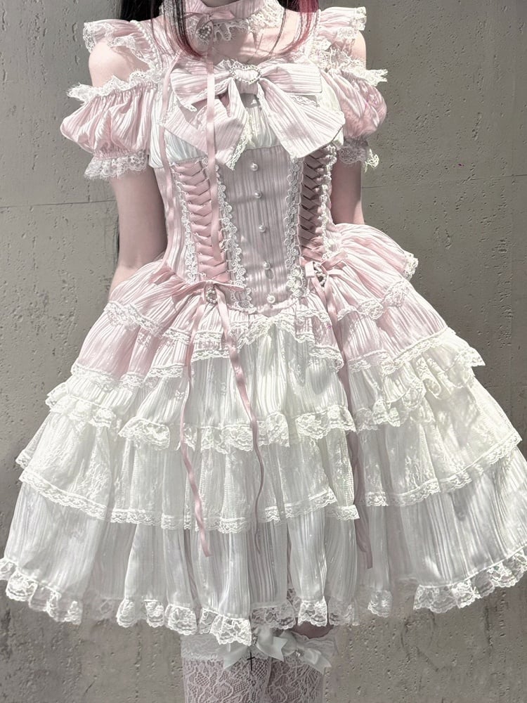 Pink Off-Shoulder Lace Dress with Choker - Virtual Paradise