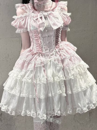 Pink Off-Shoulder Lace Dress with Choker - Virtual Paradise