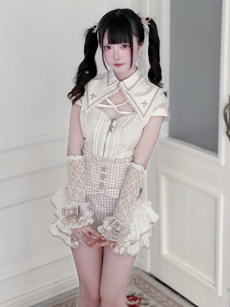 White & Pink Hollow Blouse with Plaid Skort Set - Shi Zhai Xin
