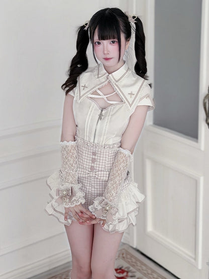 White & Pink Hollow Blouse with Plaid Skort Set - Shi Zhai Xin