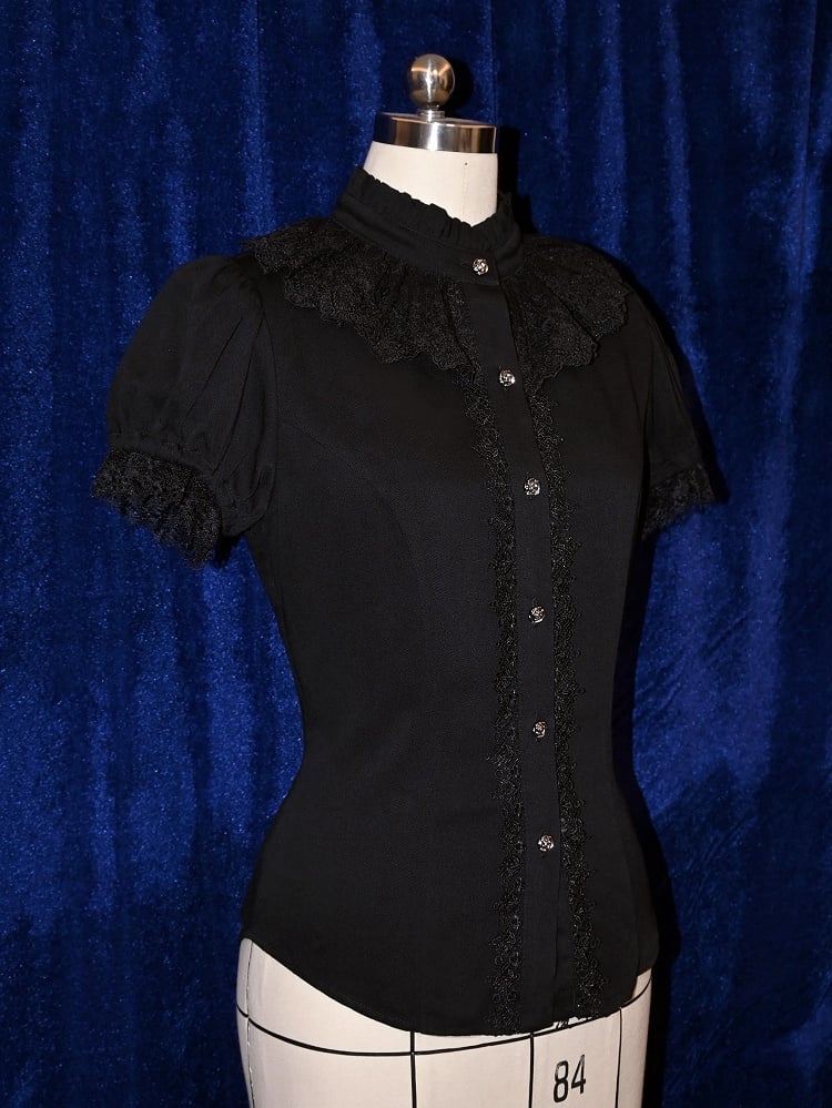 Ruffle Shirt Sleeves Neckline Gothic Kuro Lolita Black Short
