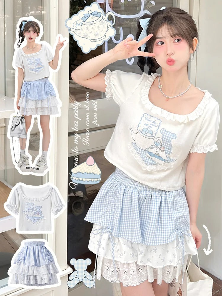 Bear Pattern Square Neck Puff Sleeves White T-Shirt Lace Trim Ruffled Plaid
