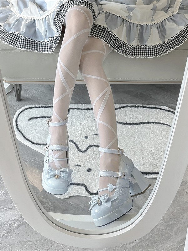 Snap Blue Heart-Shaped Block Lolita PU Elegant Platform Light Heels Bow High with Accents