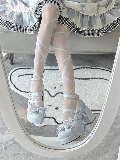 Snap Blue Heart-Shaped Block Lolita PU Elegant Platform Light Heels Bow High with Accents