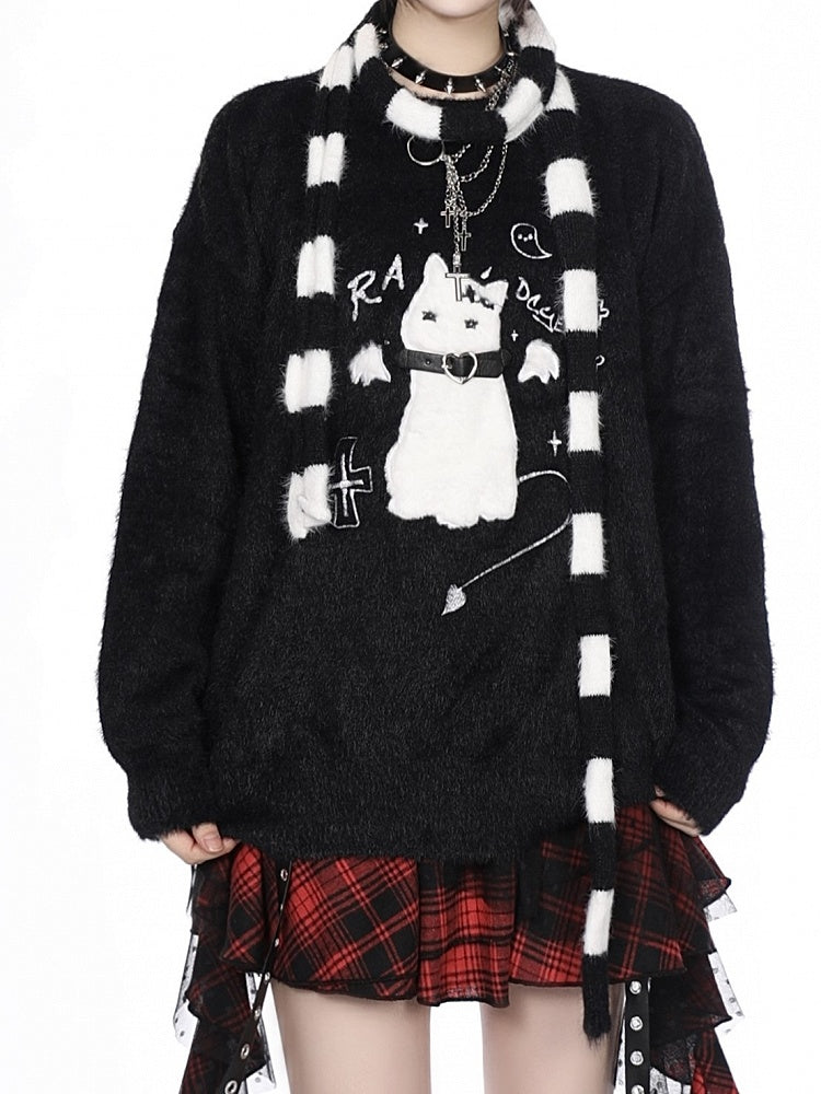 Detail Katzengürtel Pullover Kragen Strick Flockstickerei - Kawaii Weiß/Schwarz