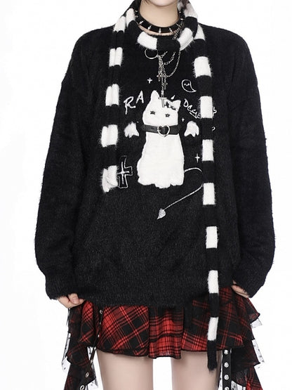 Detail Katzengürtel Pullover Kragen Strick Flockstickerei - Kawaii Weiß/Schwarz