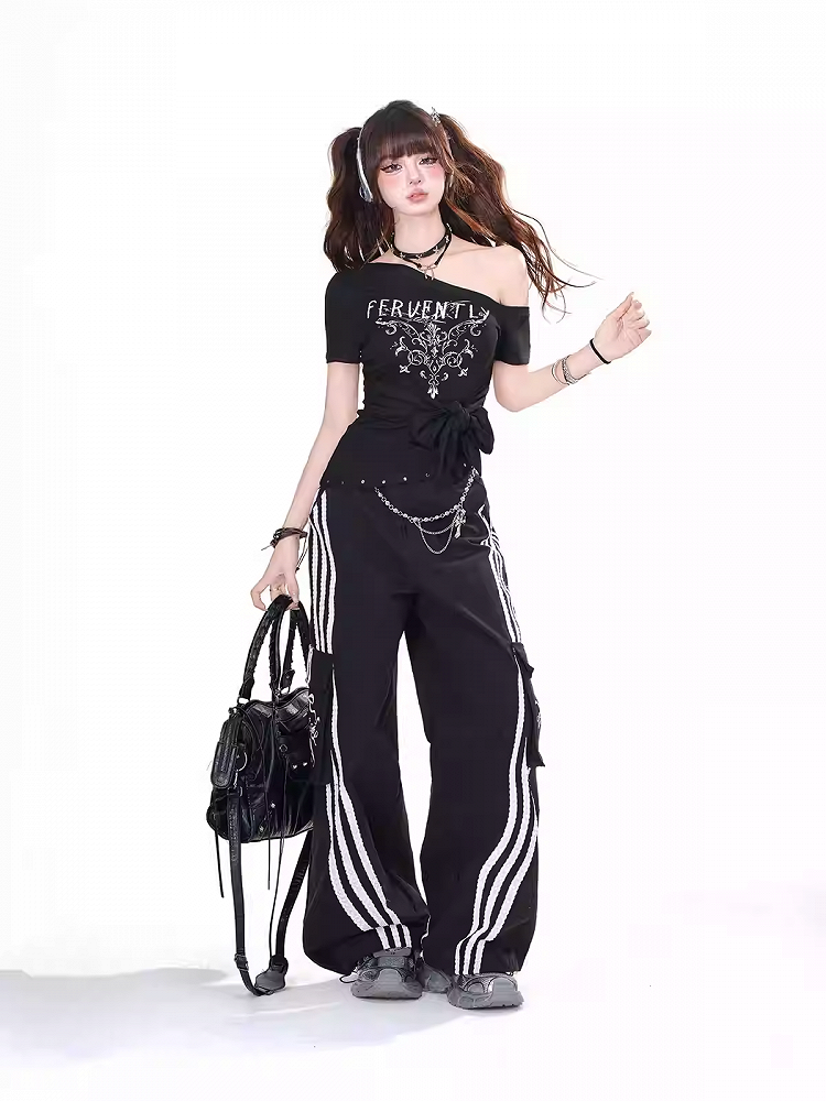 Black Asymmetrical Neckline and Hem Big Bow Detail Glamorous Graphic T-Shirt