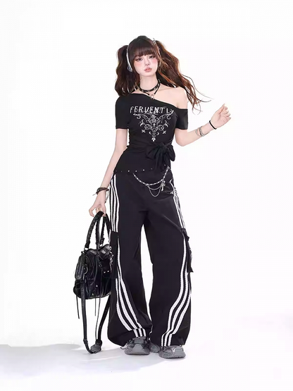 Black Asymmetrical Neckline and Hem Big Bow Detail Glamorous Graphic T-Shirt