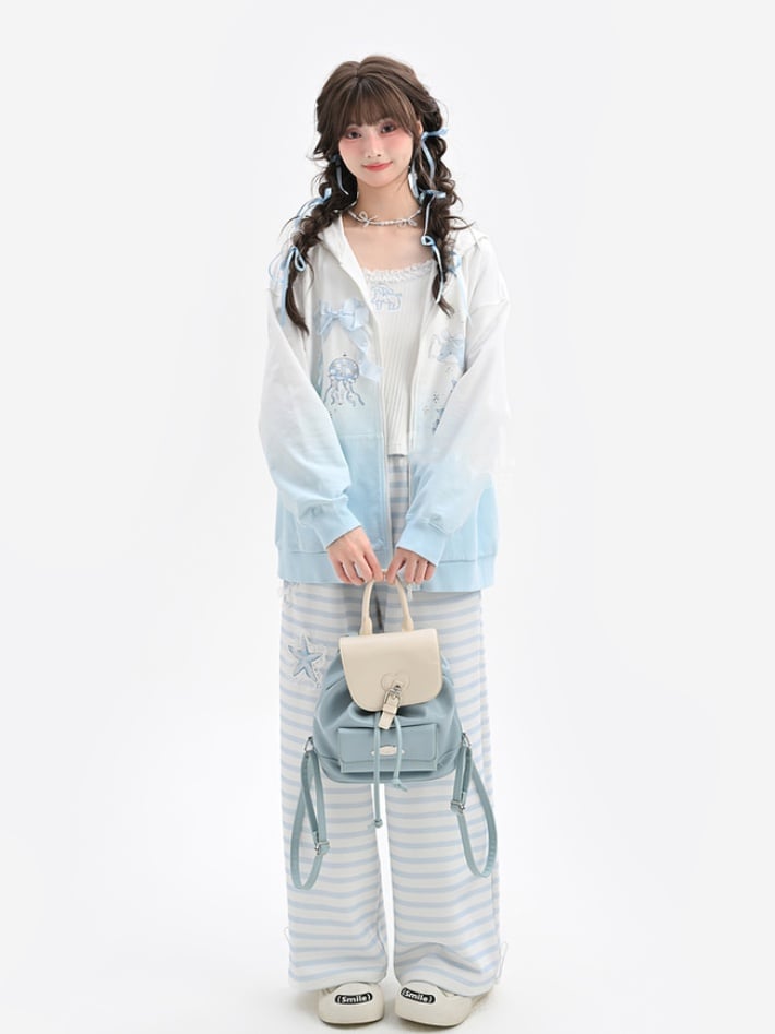 Gradient Blue & White Jellyfish and Dolphin Print Zip Closure Hoodie