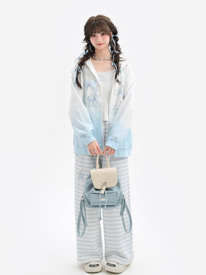 Gradient Blue & White Jellyfish and Dolphin Print Zip Closure Hoodie