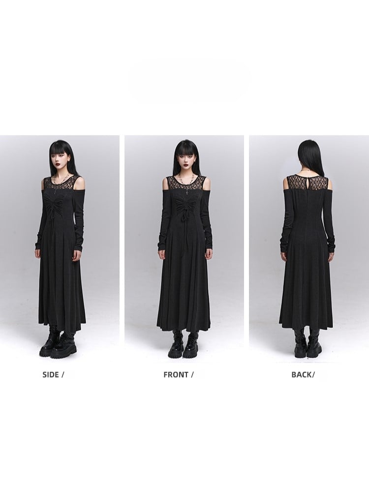 Detail Tie-Bow Gray with Dress Faux Two-Piece Dark Gothic