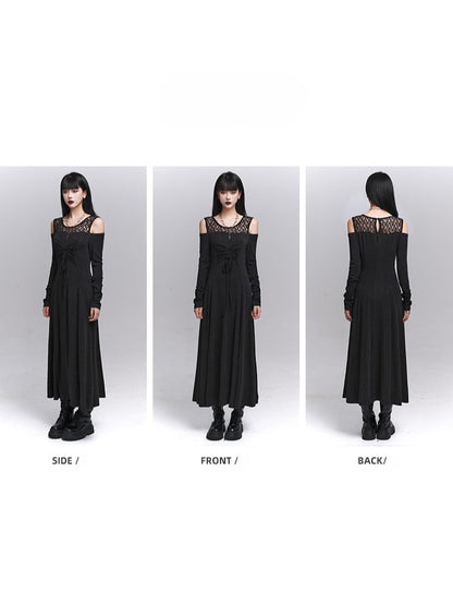 Detail Tie-Bow Gray with Dress Faux Two-Piece Dark Gothic