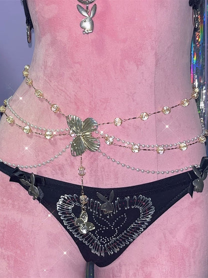 Y2K Chain Butterfly Decorated White Beaded Waist