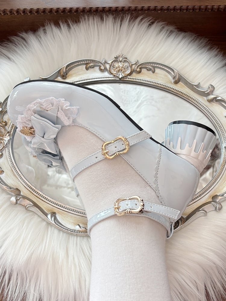 Bow Round Cute - Pumps Lolita Toe Mid-heel Pudding Decor Jane Heel Mary with Shoes Blue Shape Sweet