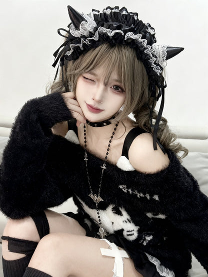 Faux with Gray/Black Cat Off-Shoulder Motif Sweater Fur